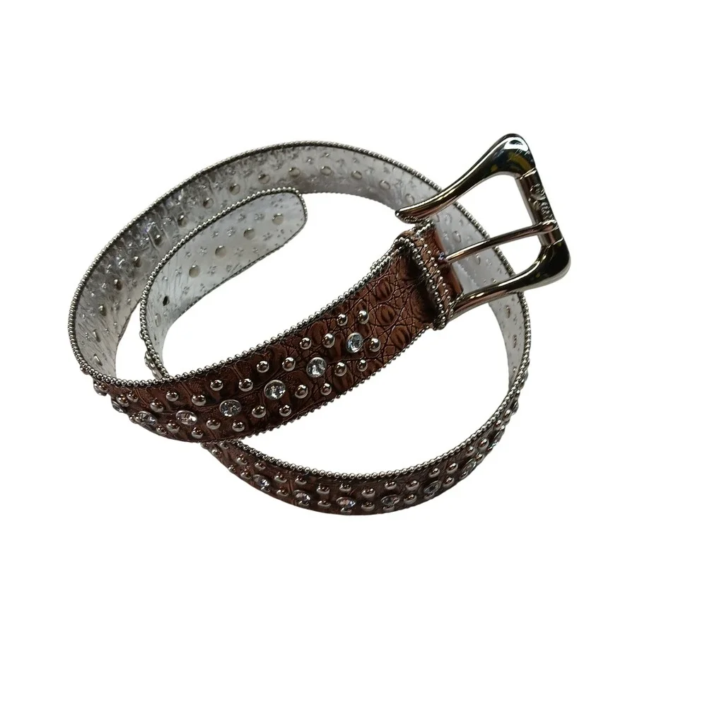 Guess Womens Brown Croc Embossed Rhinestone Studded Western Belt 947034 MOC